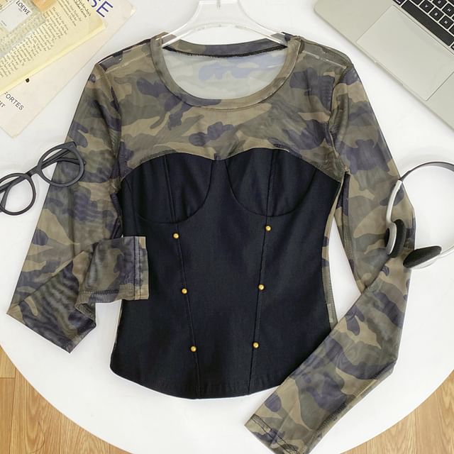 Round-Neck Sleeved Sheer-Paneled Top