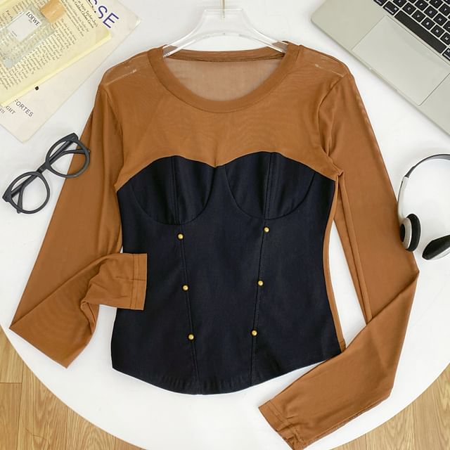 Round-Neck Sleeved Sheer-Paneled Top