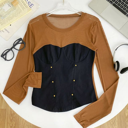 Round-Neck Sleeved Sheer-Paneled Top