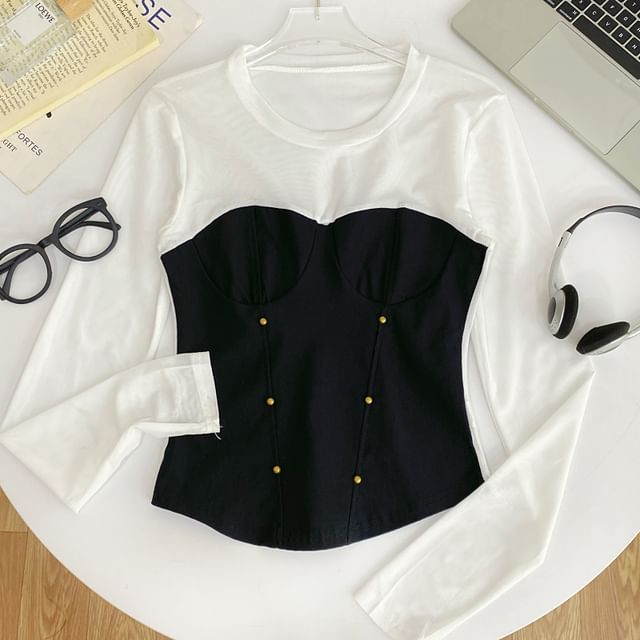 Round-Neck Sleeved Sheer-Paneled Top