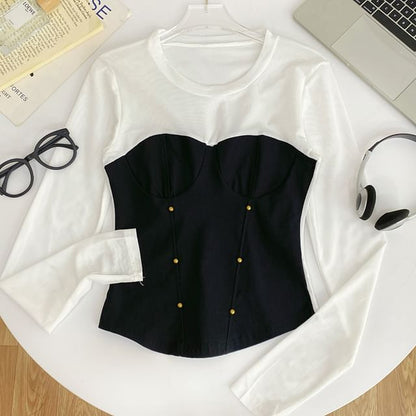 Round-Neck Sleeved Sheer-Paneled Top