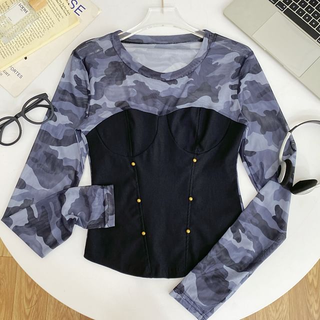 Round-Neck Sleeved Sheer-Paneled Top