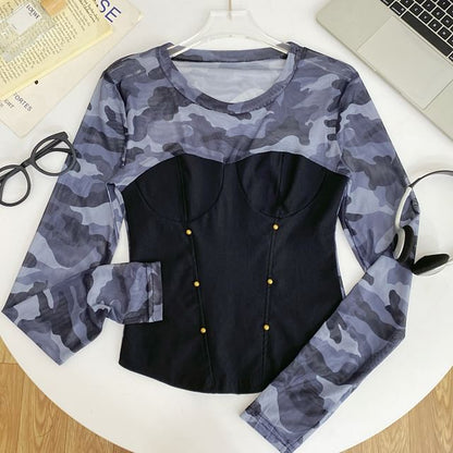 Round-Neck Sleeved Sheer-Paneled Top