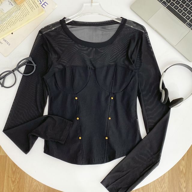 Round-Neck Sleeved Sheer-Paneled Top