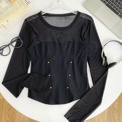 Round-Neck Sleeved Sheer-Paneled Top