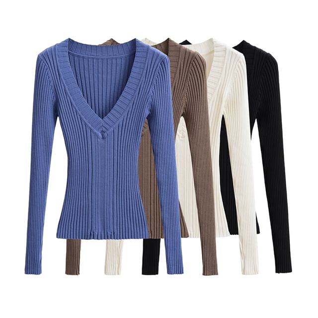 V-Neck Plain Ribbed Knitted Sweater