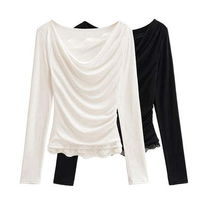 Cowl-Neck Sleeved Plain Lace-Trimmed Tee