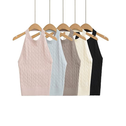 Cable-Knit Plain Halter Neck Top
