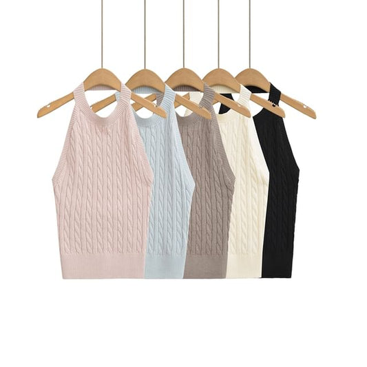 Cable-Knit Plain Halter Neck Top