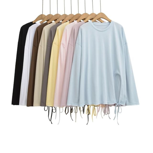 Round-Neck Sleeved Plain Side-Slit Tee