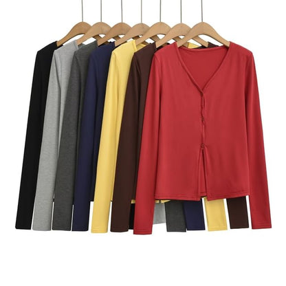 V-Neck Sleeved Plain Front-Slit Tee