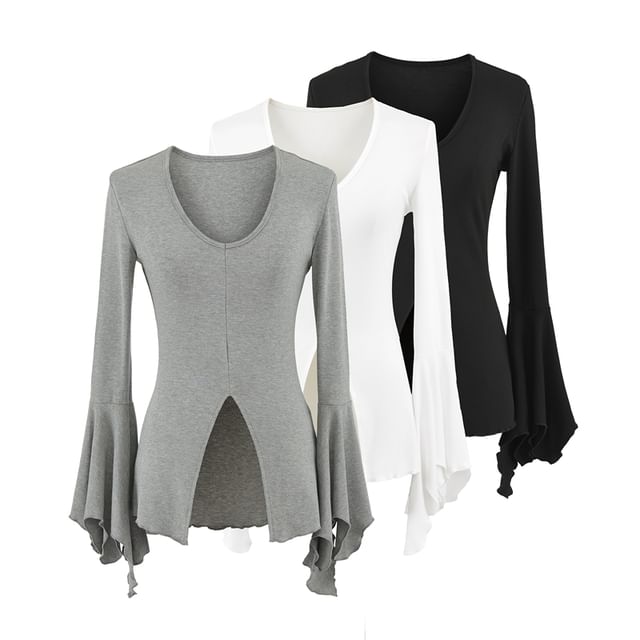 Flared-Sleeved Scoop-Neck Plain Slit Tee