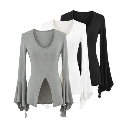 Flared-Sleeved Scoop-Neck Plain Slit Tee