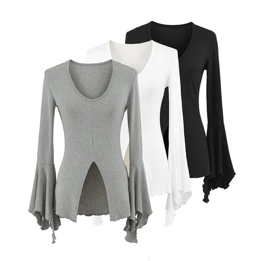 Flared-Sleeved Scoop-Neck Plain Slit Tee