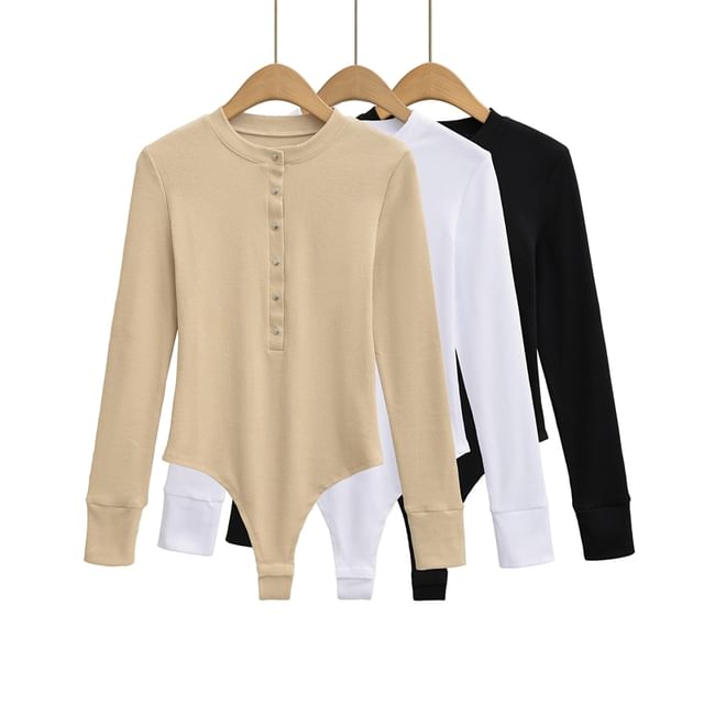 Henley Sleeved Plain Bodysuit Top