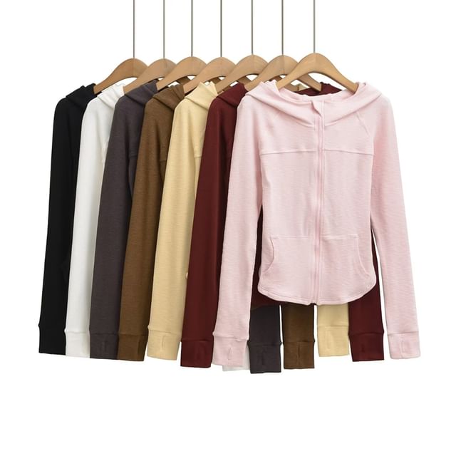 Plain Zippered Hooded Sweatshirt