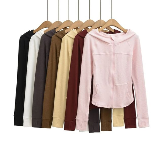 Plain Zippered Hooded Sweatshirt