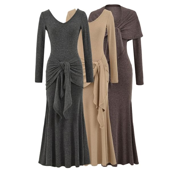 Long-Sleeve V-Neck Plain Tie Waist Maxi Mermaid Dress