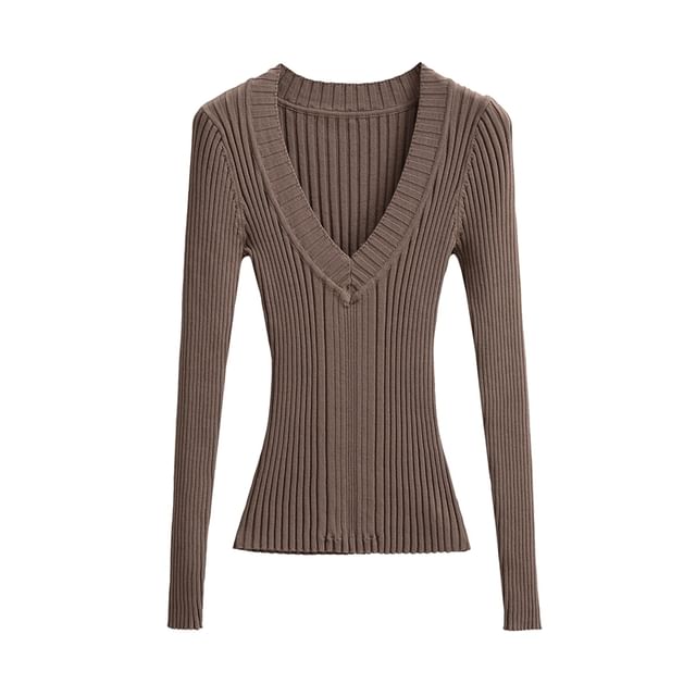 V-Neck Plain Ribbed Knitted Sweater