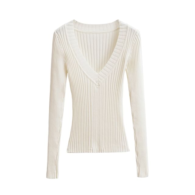 V-Neck Plain Ribbed Knitted Sweater
