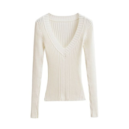 V-Neck Plain Ribbed Knitted Sweater