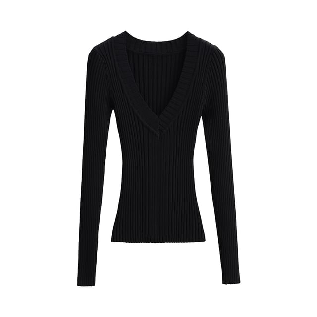 V-Neck Plain Ribbed Knitted Sweater
