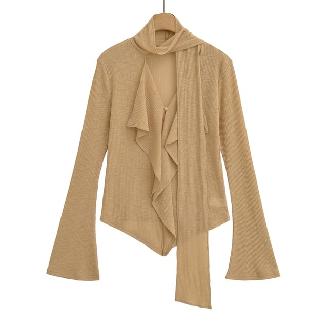 Flared-Sleeved Mock-Neck Plain Ruffled Asymmetric Tee