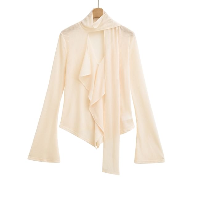 Flared-Sleeved Mock-Neck Plain Ruffled Asymmetric Tee