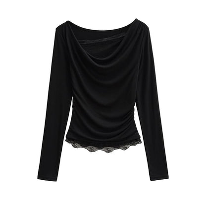 Cowl-Neck Sleeved Plain Lace-Trimmed Tee