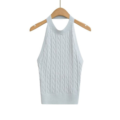 Cable-Knit Plain Halter Neck Top