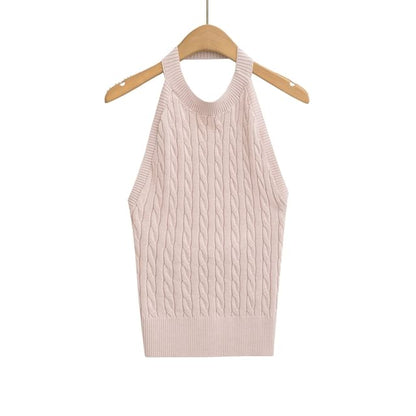 Cable-Knit Plain Halter Neck Top
