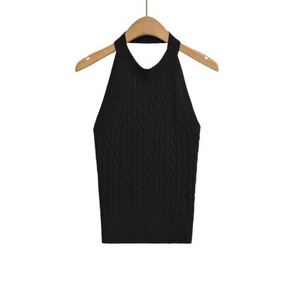 Cable-Knit Plain Halter Neck Top