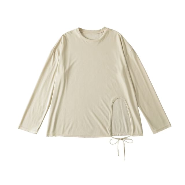 Round-Neck Sleeved Plain Side-Slit Tee