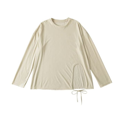 Round-Neck Sleeved Plain Side-Slit Tee