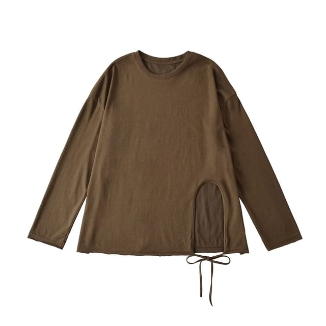 Round-Neck Sleeved Plain Side-Slit Tee