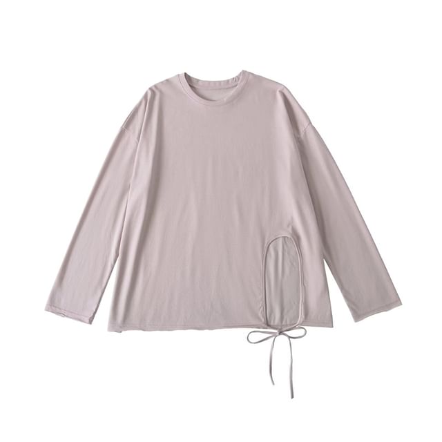 Round-Neck Sleeved Plain Side-Slit Tee