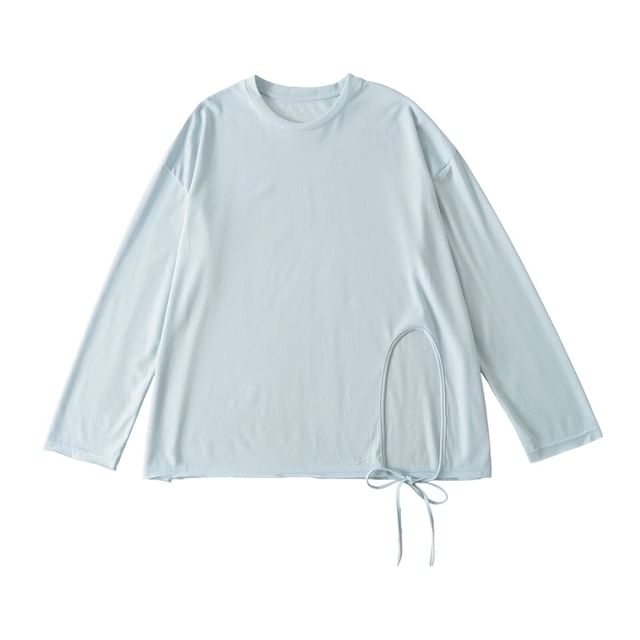 Round-Neck Sleeved Plain Side-Slit Tee