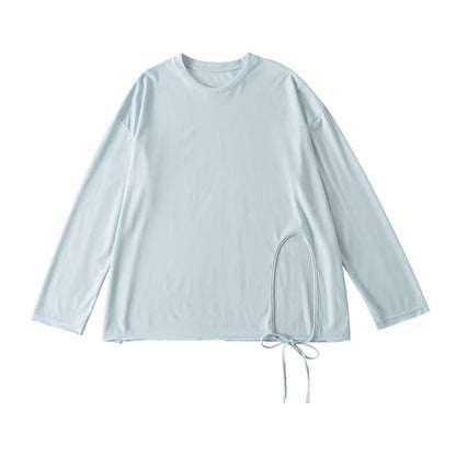 Round-Neck Sleeved Plain Side-Slit Tee