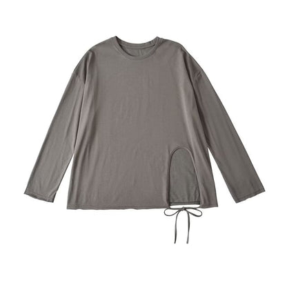 Round-Neck Sleeved Plain Side-Slit Tee