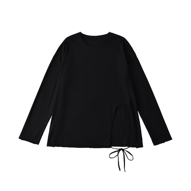 Round-Neck Sleeved Plain Side-Slit Tee
