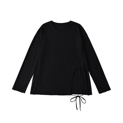 Round-Neck Sleeved Plain Side-Slit Tee