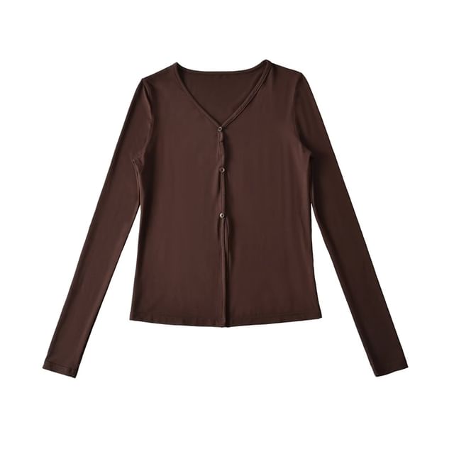 V-Neck Sleeved Plain Front-Slit Tee