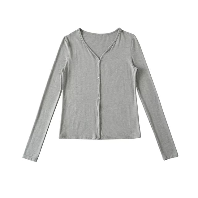 V-Neck Sleeved Plain Front-Slit Tee