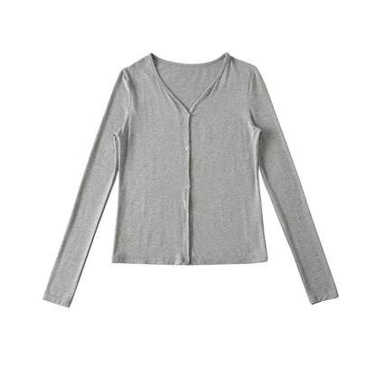 V-Neck Sleeved Plain Front-Slit Tee
