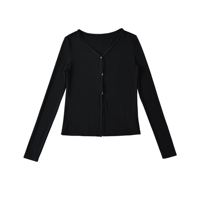 V-Neck Sleeved Plain Front-Slit Tee