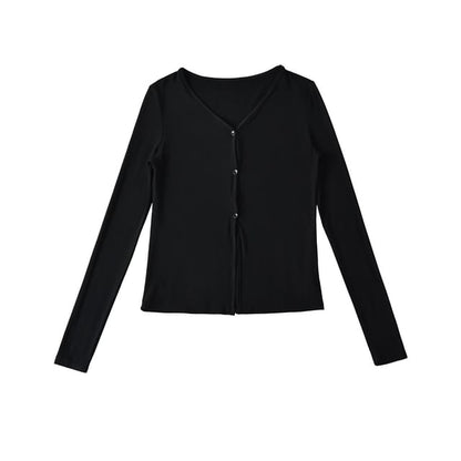 V-Neck Sleeved Plain Front-Slit Tee