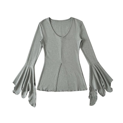 Flared-Sleeved Scoop-Neck Plain Slit Tee