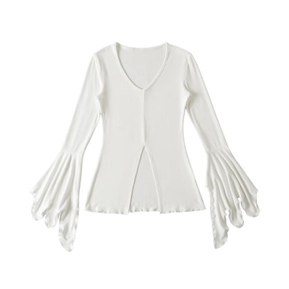 Flared-Sleeved Scoop-Neck Plain Slit Tee