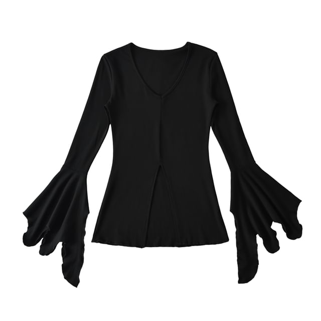 Flared-Sleeved Scoop-Neck Plain Slit Tee