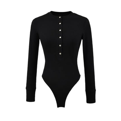 Henley Sleeved Plain Bodysuit Top
